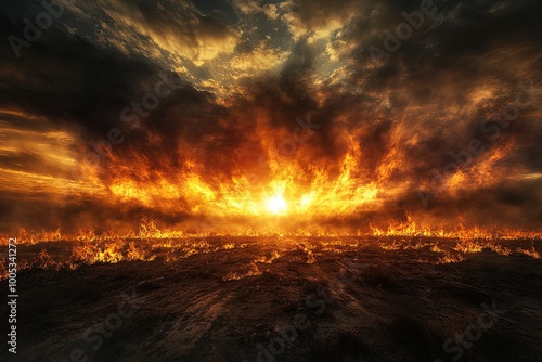 A dramatic sunset with a fiery sky and a field burning in the foreground.