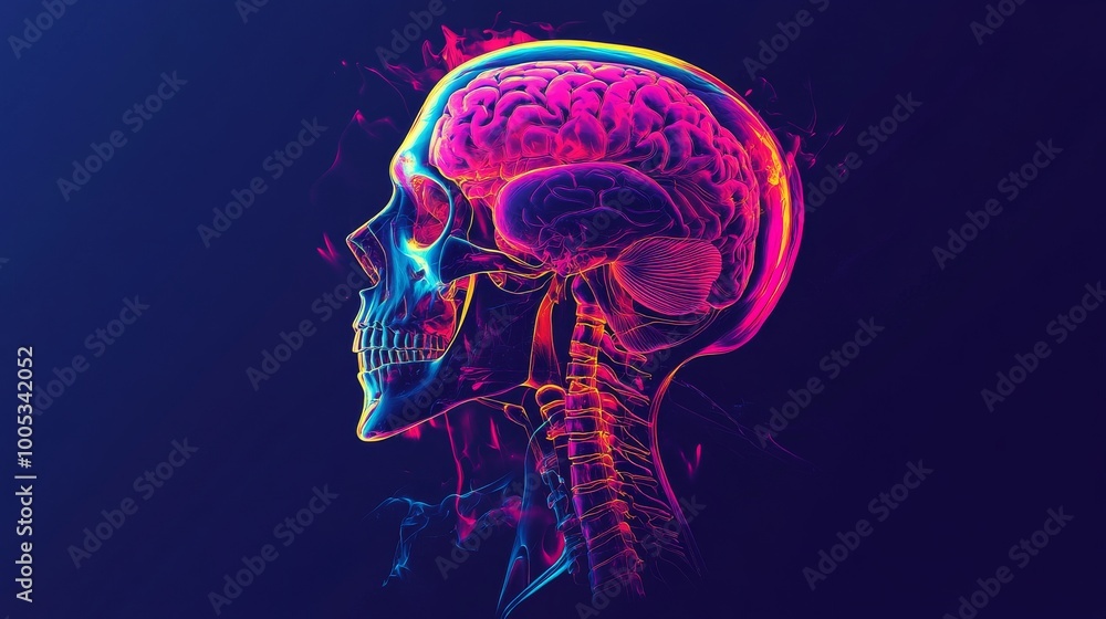 Vibrant neon anatomical illustration of a human skull and brain, side view. Futuristic medical and scientific concept Vibrant neon anatomical illustration of a human skull and brain, side view. Futuristic medical and scientific concept