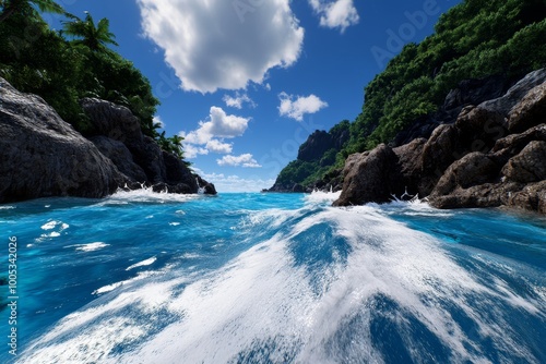 Hyper-realistic view of a wilderness coastline, where the waves crash against the rocks and the cliffs rise dramatically, showing the raw power of nature.