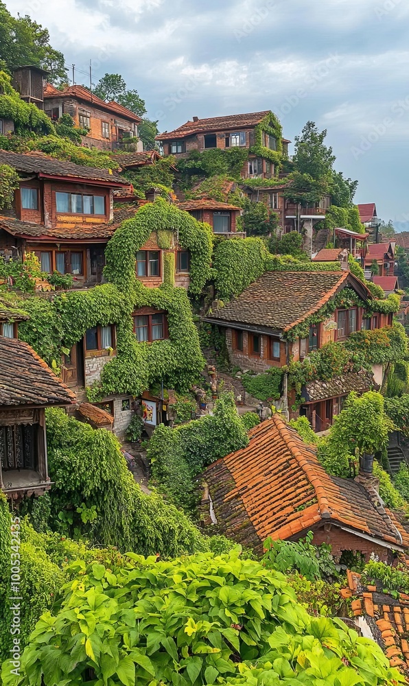 A hillside village with red-roofed houses covered in lush greenery. A hillside village with red-roofed houses covered in lush greenery.