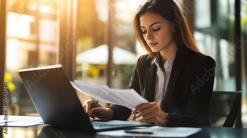 A businesswoman in a modern office reviewing an invoice on her laptop. Professional setting with financial papers and tech equipment