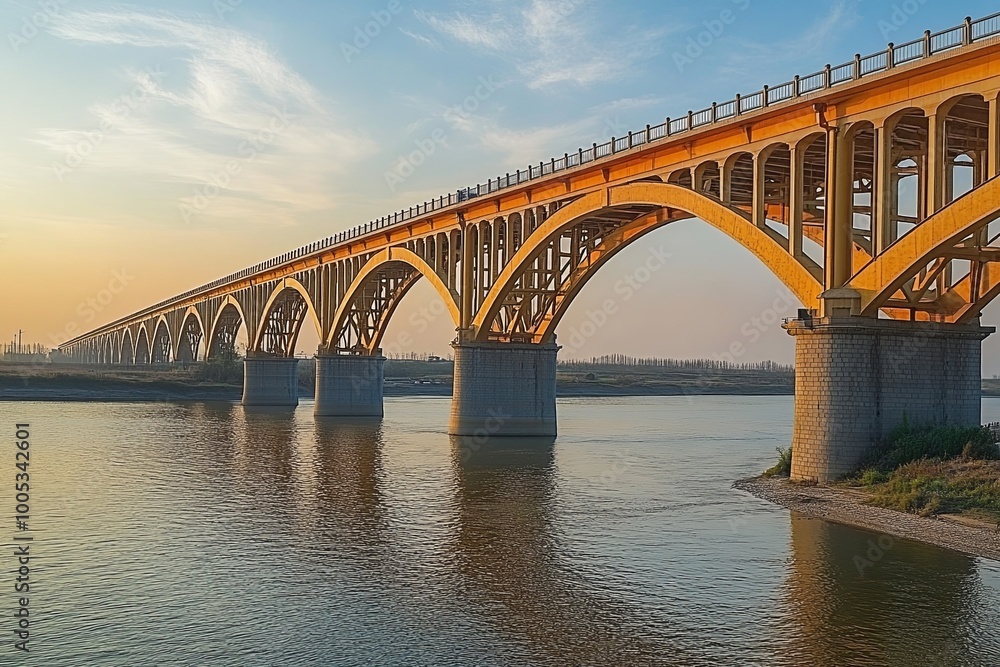 A large yellow bridge spans a river at sunset. A large yellow bridge spans a river at sunset.