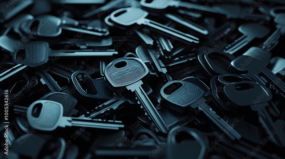 Fototapeta premium Scattered keys. Concept of privacy, problem solving, solutions and correct answer. 3d rendering.