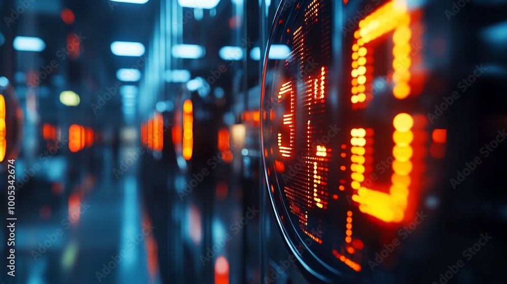 A row of glowing digital displays with the number 31 on them. A row of glowing digital displays with the number 31 on them.
