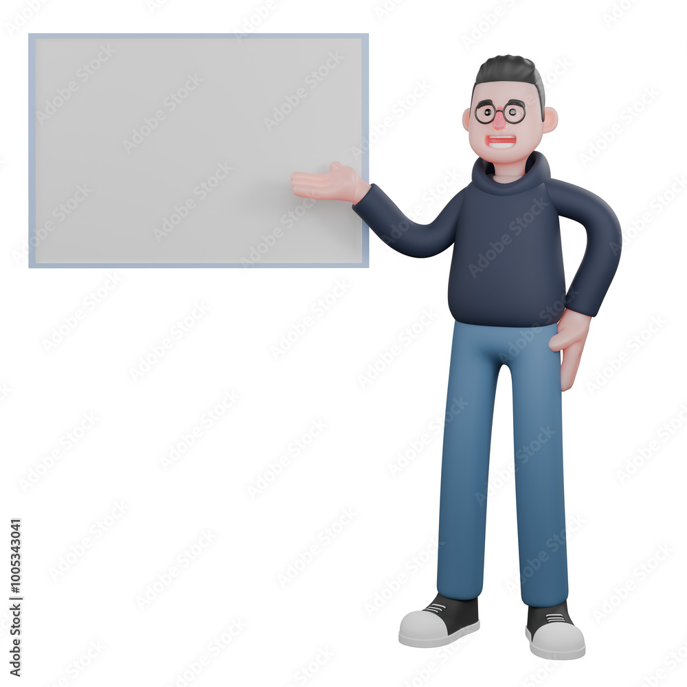 3D Professional Programmer Character. A male programmer is standing next to a presentation board with his left hand on his waist and his right hand pointing at the board with his palm facing up. Male 3D Professional Programmer Character. A male programmer is standing next to a presentation board with his left hand on his waist and his right hand pointing at the board with his palm facing up. Male