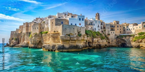 Polignano a Mare coastline seen from the sea, close-up