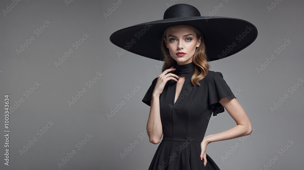 Stylish model wearing black dress and oversized hat, exuding classic elegance. for fashion editorials, luxury brand marketing, or vintage inspired design concepts. Stylish model wearing black dress and oversized hat, exuding classic elegance. for fashion editorials, luxury brand marketing, or vintage inspired design concepts.