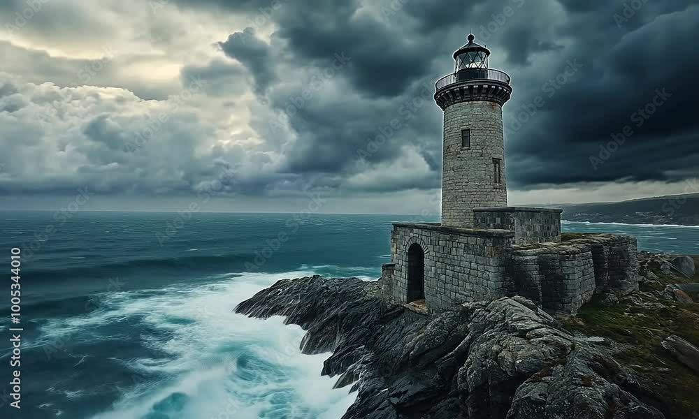 A centuries-old stone lighthouse perched on a rocky cliff A centuries-old stone lighthouse perched on a rocky cliff