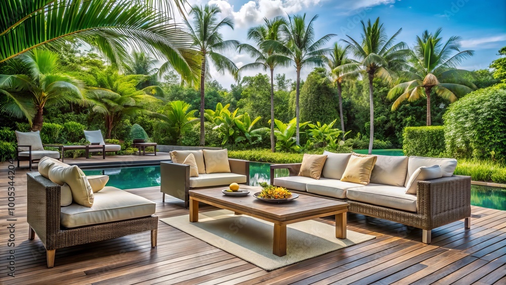 Fototapeta premium Sophisticated outdoor furnishings complement a tranquil Thai garden, providing breathtaking scenic views and a serene