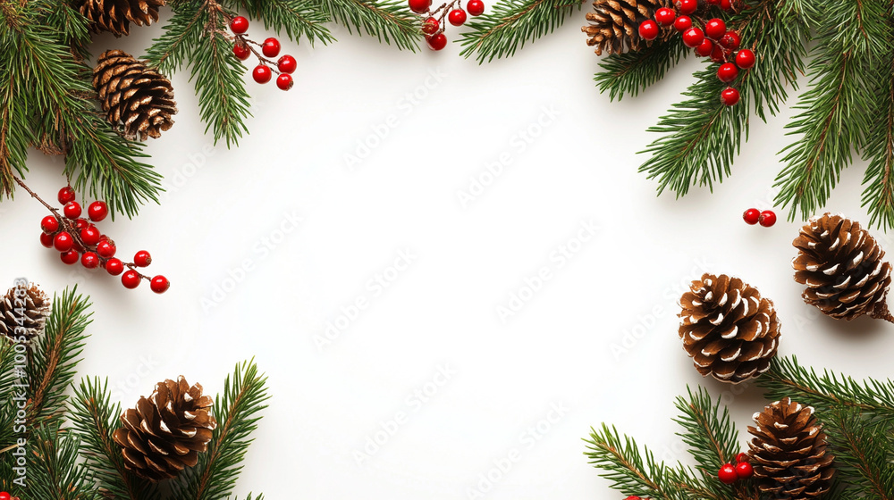 Christmas background of red berry branches and pine cones Christmas background of red berry branches and pine cones