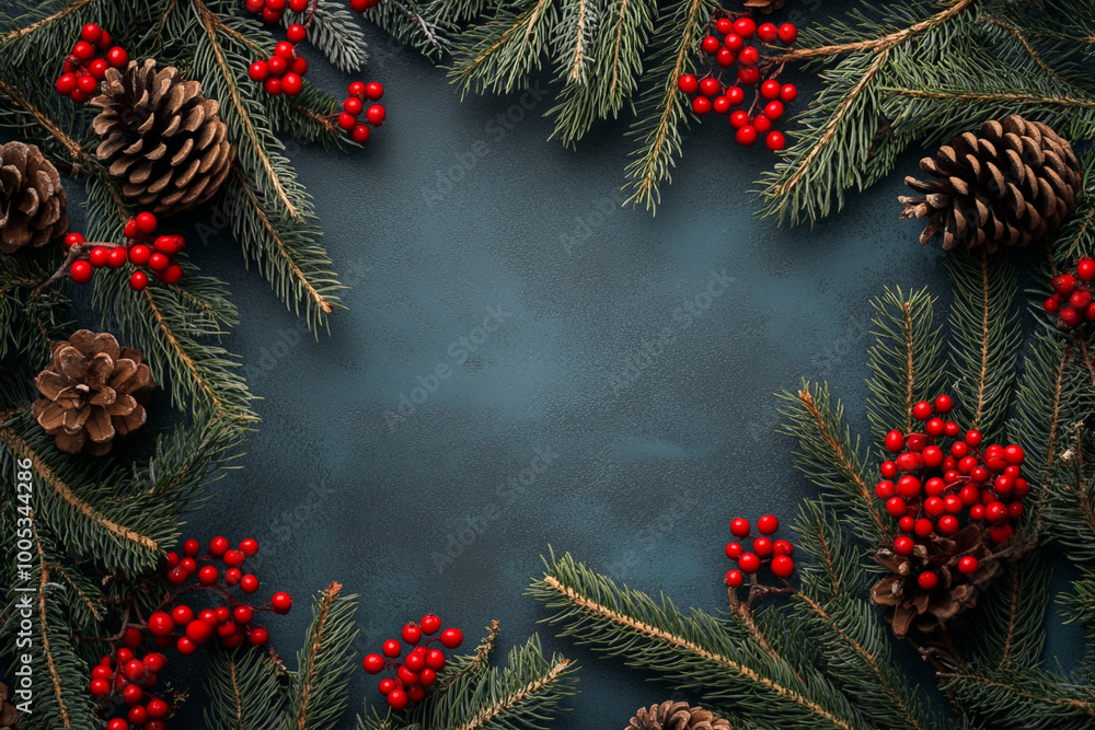 Christmas background of red berry branches and pine cones Christmas background of red berry branches and pine cones