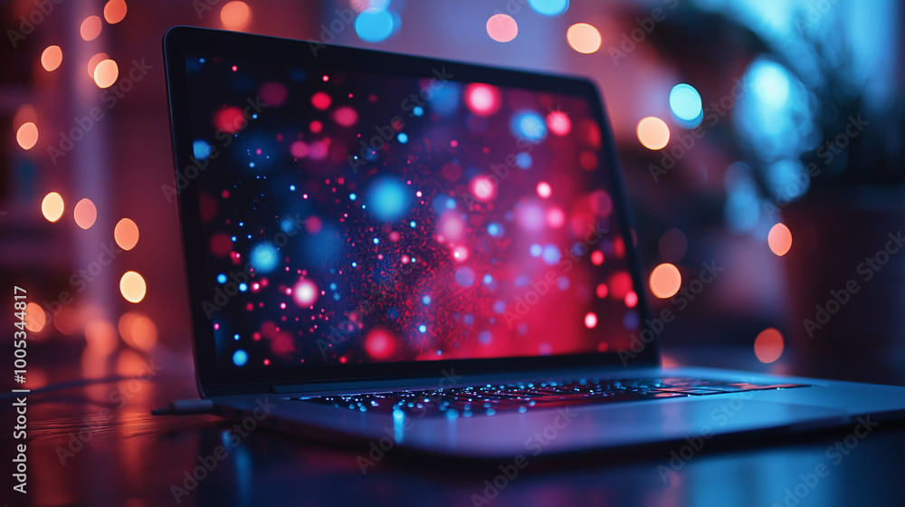 Obraz premium Laptop Shopping, showing a laptop screen with discounts flashing, with copy space, Cyber Monday