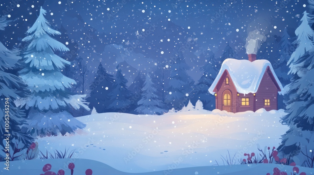 Winter scene with cabin, twinkling lights, serene festive mood Winter scene with cabin, twinkling lights, serene festive mood