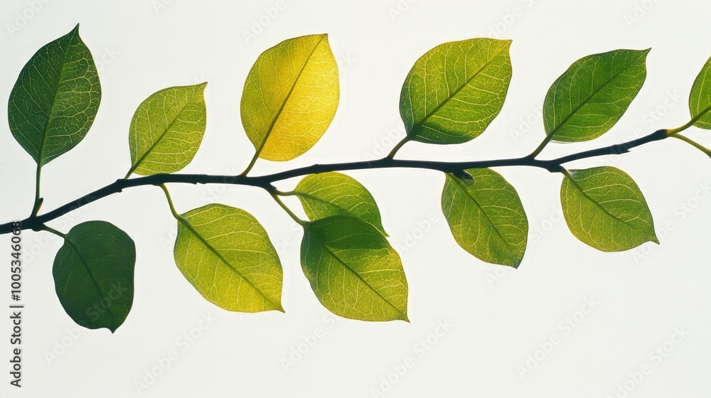 A close-up of a branch with green leaves against a white background, highlighting the intricate details and vivid colors of the leaves A close-up of a branch with green leaves against a white background, highlighting the intricate details and vivid colors of the leaves