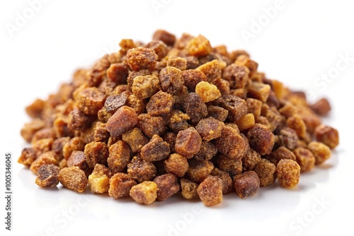 Propolis granules isolated on white background with bee products, apitherapy, apiculture, and worm's eye view