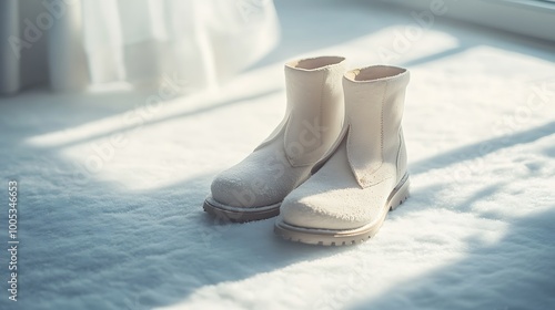 Generative AI Image of Elegant Winter Boots Footwear on Clear White Snow Dust with Sunlight