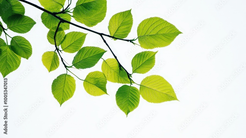 A close-up of green leaves on a branch against a white background, highlighting the vivid colors and intricate details of the foliage A close-up of green leaves on a branch against a white background, highlighting the vivid colors and intricate details of the foliage