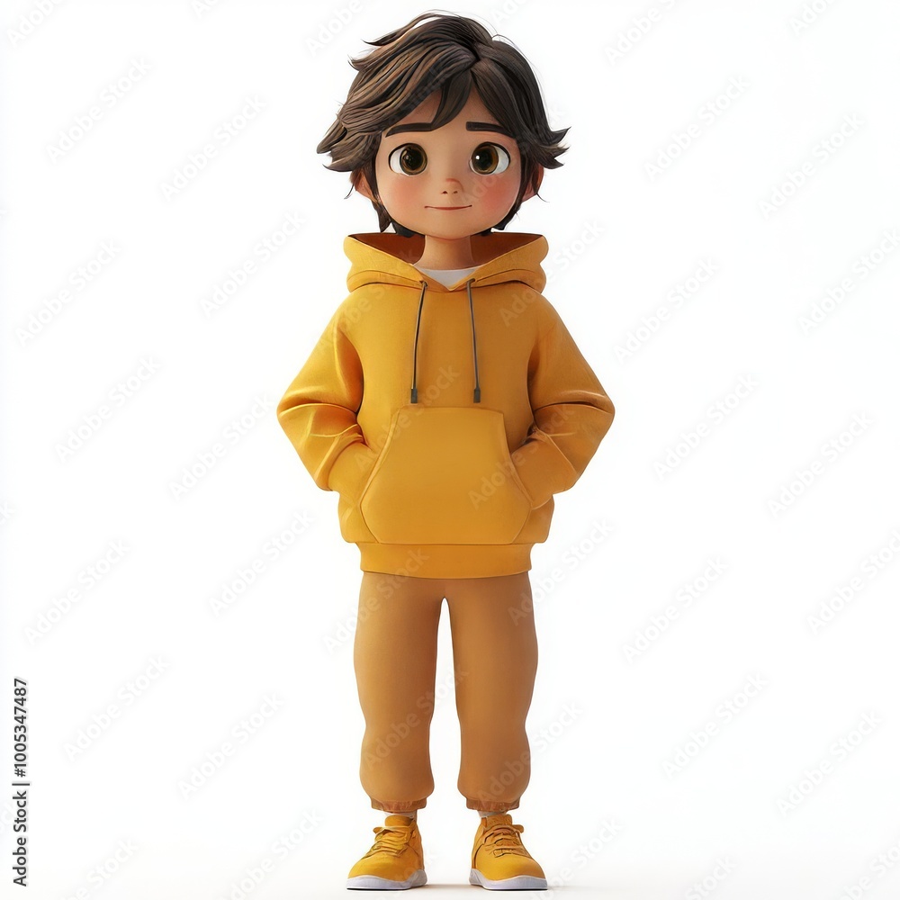 Cute animated boy in a yellow hoodie and pants, ready for playtime or an adventure. Cute animated boy in a yellow hoodie and pants, ready for playtime or an adventure.