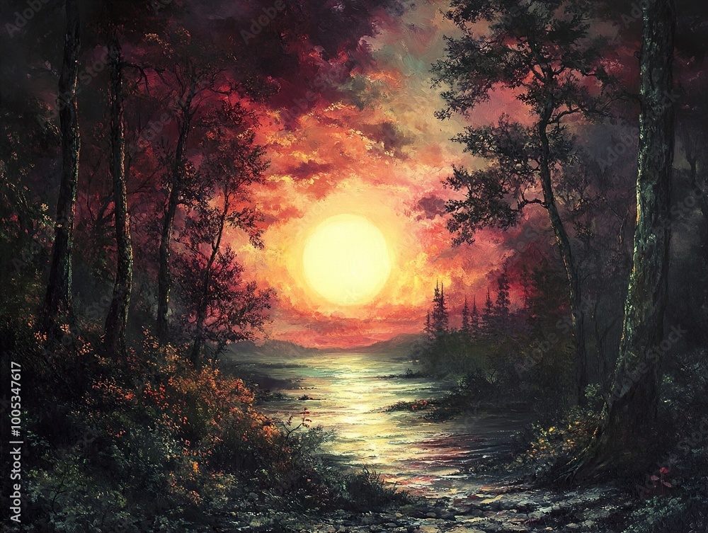 Sunset over a Tranquil Forest Lake - Nature Painting Sunset over a Tranquil Forest Lake - Nature Painting