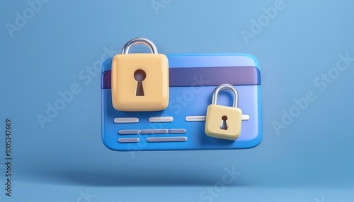 A 3D representation of a credit card secured with two locks, symbolizing financial security and data protection.