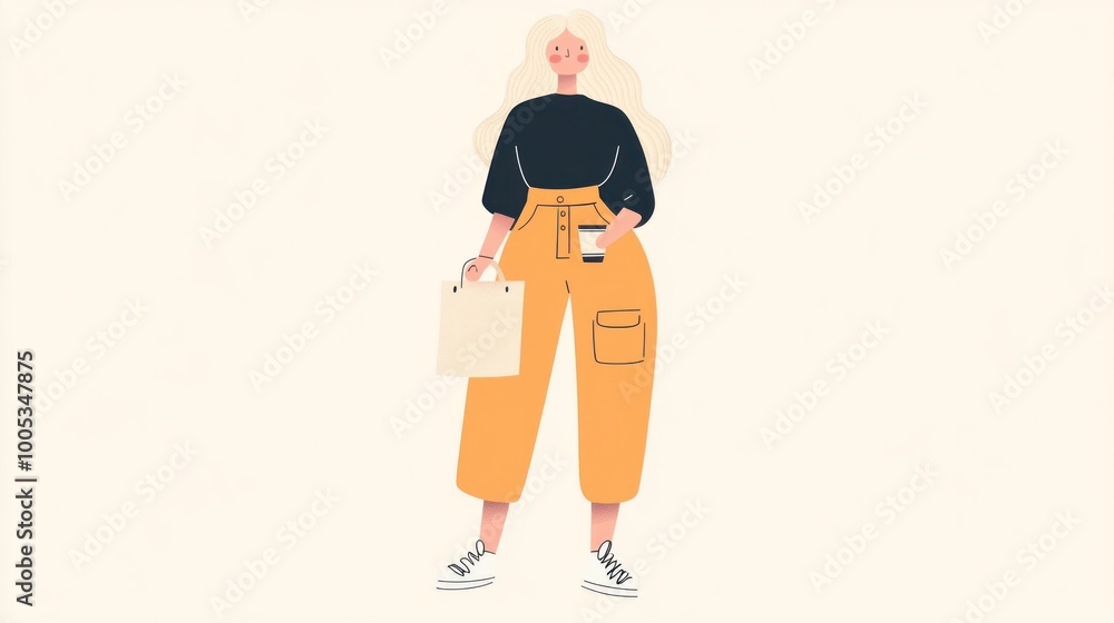 Stylish young woman with coffee cup, wearing high-waisted cargo pants and black top Stylish young woman with coffee cup, wearing high-waisted cargo pants and black top