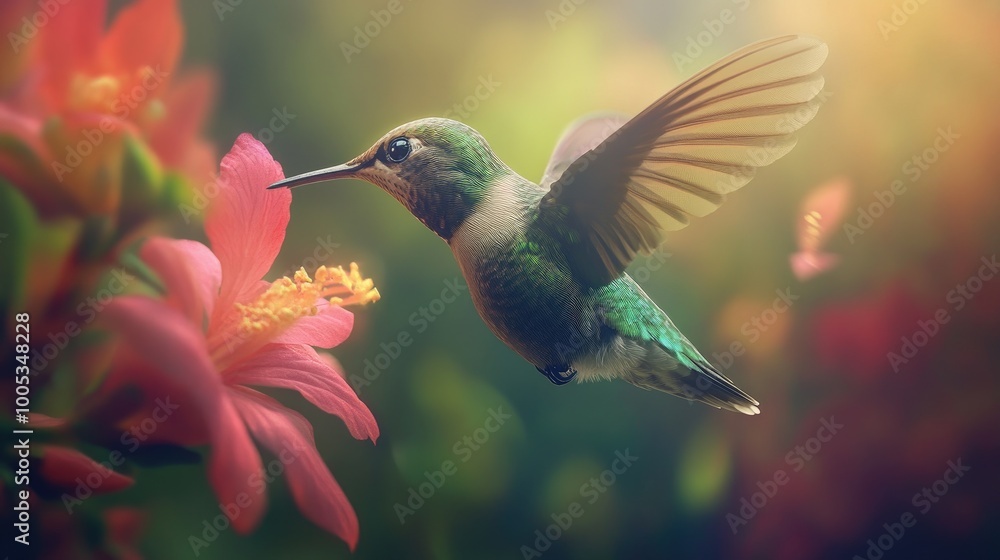 Fototapeta premium A close-up of a hummingbird hovering mid-air, its wings a blur as it sips nectar from a bright flower, demonstrating its agility.