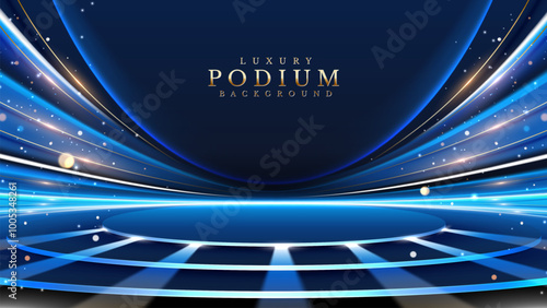 Luxury blue podium on dark background with golden curves, white neon lights, and bokeh effects. Elegant background design concept. Vector illustration.
