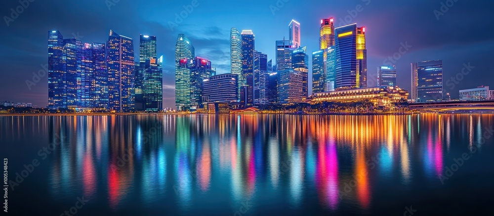 A panoramic view of a modern city skyline at night, with skyscrapers reflecting in the water. A panoramic view of a modern city skyline at night, with skyscrapers reflecting in the water.