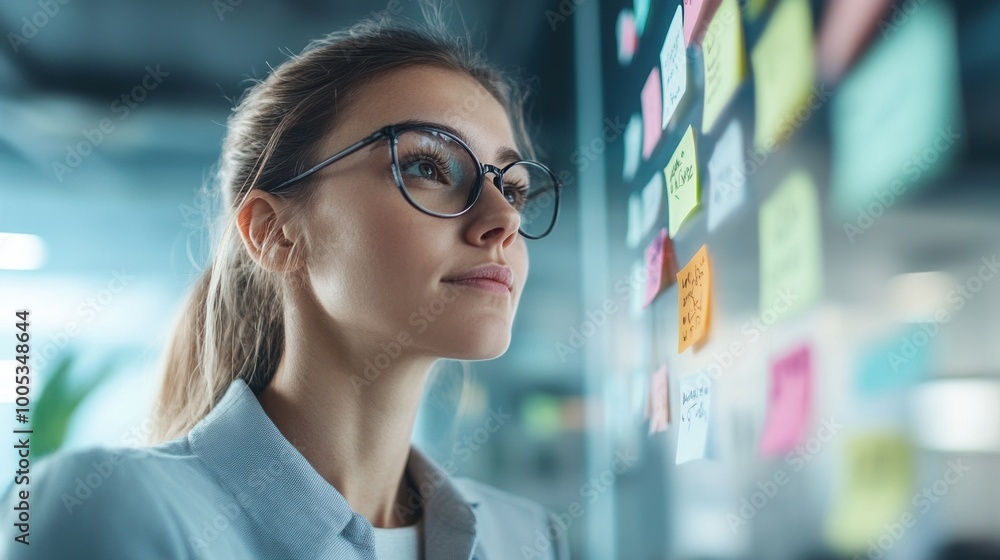 Professional woman analyzing sticky notes on a board in an office environment. Professional woman analyzing sticky notes on a board in an office environment.