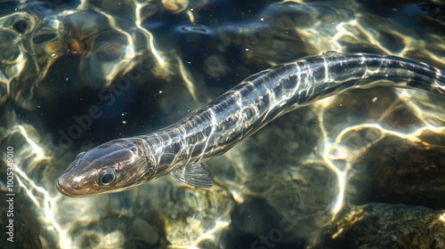 A close-up of a slippery eel gliding through clear water, its elongated body and smooth skin glistening in the sunlight. photo