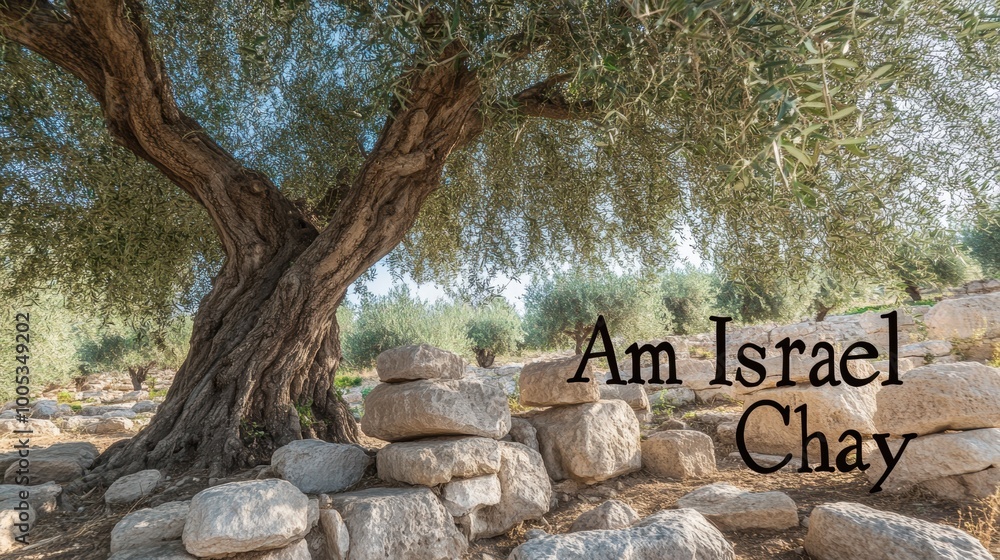 Fototapeta premium A centuries-old olive tree stands in the Israeli countryside under a clear blue sky, with