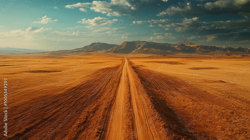 Obraz premium Scenic view of a deserted road stretching through vast desert landscape.