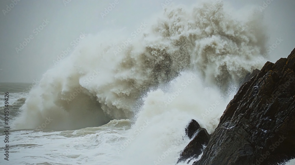 Obraz premium Powerful waves crashing against rocky coastline during a storm.