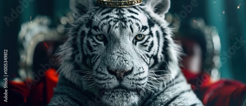 Majestic White Tiger with Crown in Regal Setting photo