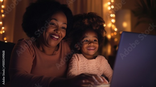 Mom and daughter participating in vibrant video call with dad, joyful connections