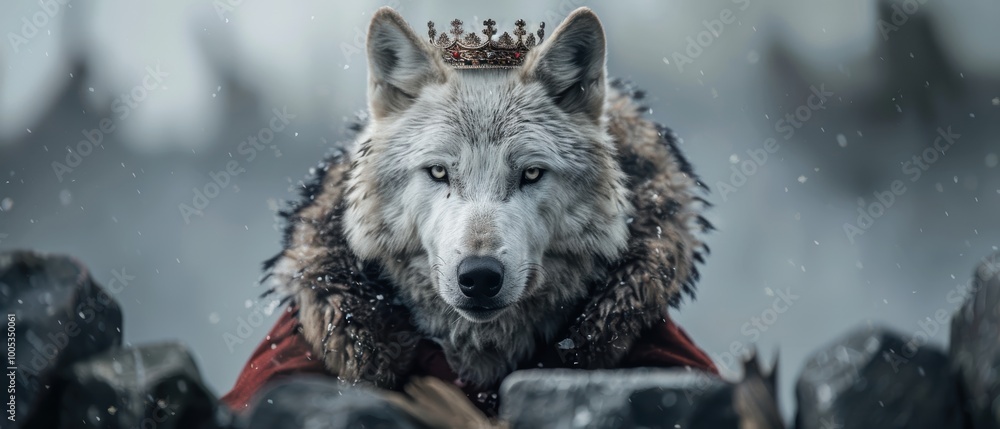 Naklejka premium Majestic White Wolf in Regal Crown and Cloak