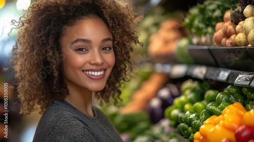 Smiling woman shopping for fresh vegetables in a grocery store. photo