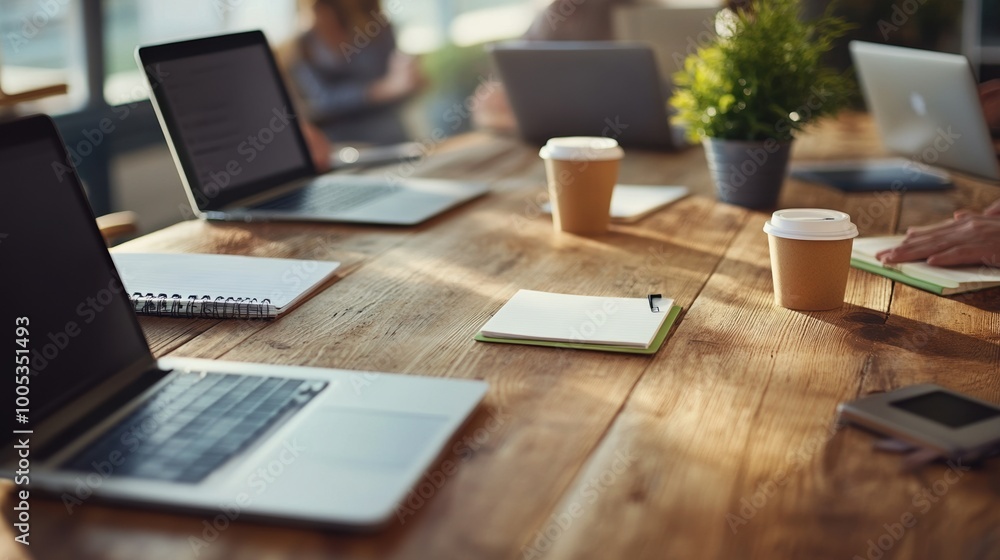 Fototapeta premium Workplace scene with laptops, notes, and coffee cups on a wooden table.
