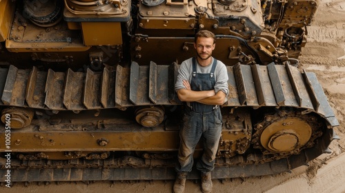 A confident technician in overalls standing next to a cutting-edge bulldozer