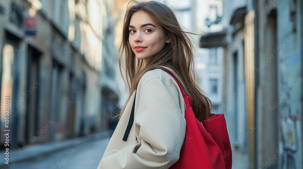 Fototapeta premium Young woman walking in urban street, stylish backpack, smiling vibe, sunny day.