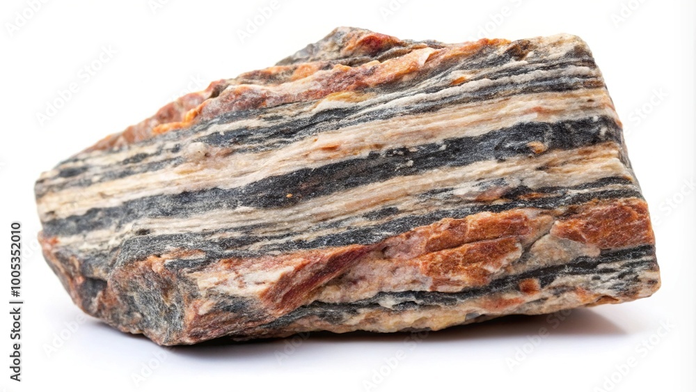 Raw gneiss metamorphic rock specimen isolated on white background at eye level Raw gneiss metamorphic rock specimen isolated on white background at eye level