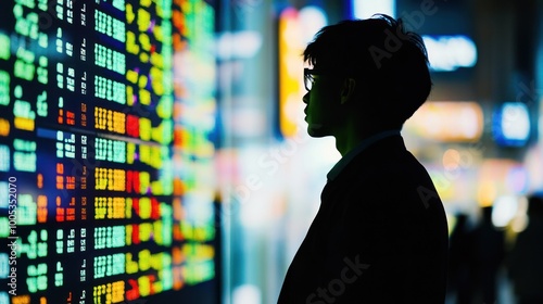 A silhouette of a person observing a digital stock market display at night.