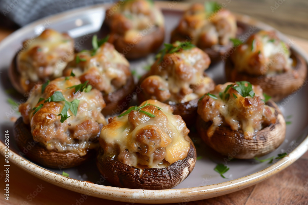 Close-up of tasty sausage and cream cheese stuffed mushrooms on platter, ready for serving Close-up of tasty sausage and cream cheese stuffed mushrooms on platter, ready for serving