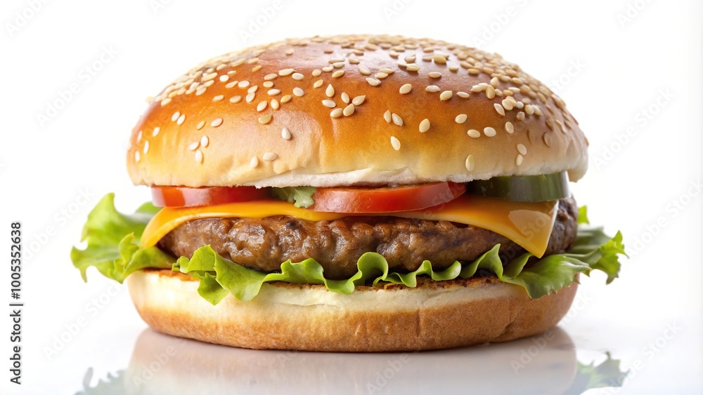 Real burger isolated on a white background with fresh grilled sesame meat, symmetrical Real burger isolated on a white background with fresh grilled sesame meat, symmetrical