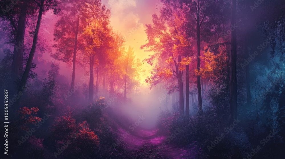 A dark, fog-covered forest bathed in enchanting, vibrant colors that pierce through the mist A dark, fog-covered forest bathed in enchanting, vibrant colors that pierce through the mist