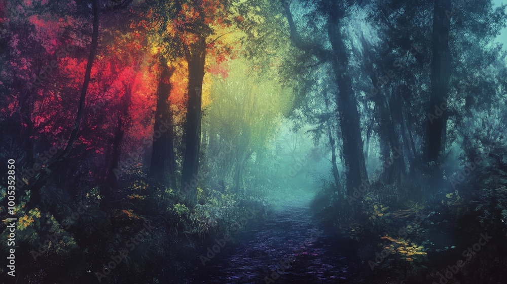 Fototapeta premium A dark, fog-covered forest bathed in enchanting, vibrant colors that pierce through the mist