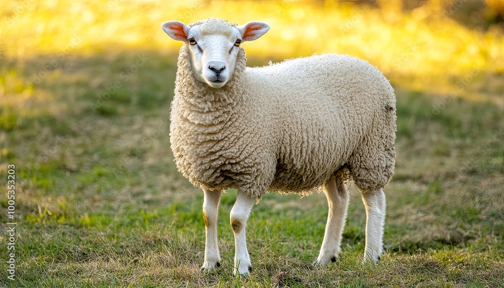 A white sheep stands in a field with its head tilted towards the camera. The sun shines brightly behind the sheep. A white sheep stands in a field with its head tilted towards the camera. The sun shines brightly behind the sheep.