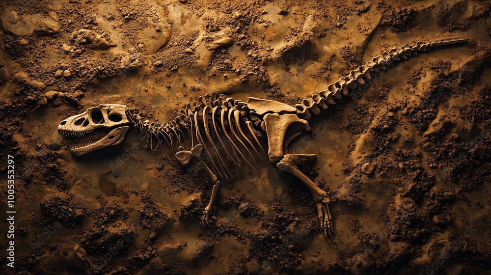 Fototapeta premium Ancient animal dinosaur fossil skeleton on the ground