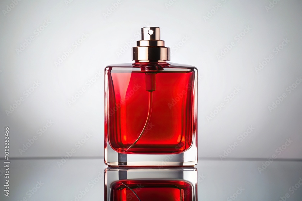 Realistic HD worm's eye view of balancing red perfume bottle on white background Realistic HD worm's eye view of balancing red perfume bottle on white background