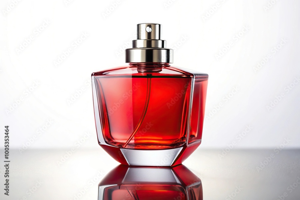 Realistic HD photo of red perfume bottle balanced on white background from worm's eye view Realistic HD photo of red perfume bottle balanced on white background from worm's eye view